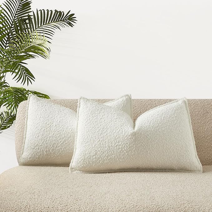 JUSPURBET White Decorative Pillow Covers 12x20 Set of 2 Throw Pillow Covers for Couch Sofa Bed Cozy Boucle Textured Lumbar Cushion Covers Cases with Hidden Zipper for Living Room Home Decor