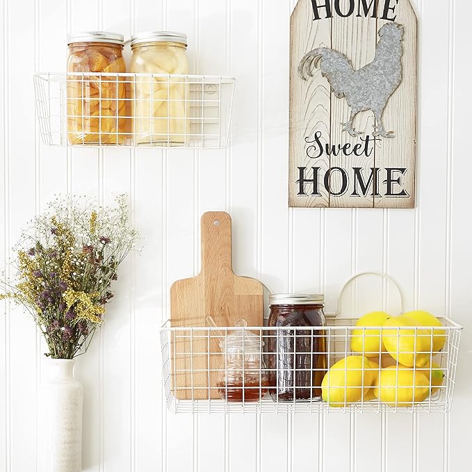 DII Farmhouse Vintage Decor, Wire Wall Basket, Assorted, Antique White, 2 Piece
