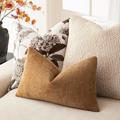 Foindtower Set of 2 Textured Chenille Throw Decorative Pillow Covers Square Accent Solid Cushion Cover Neutral Farmhouse Lumbar Pillow Case for Couch Sofa Bedroom Living Room 12x24 Inch,Golden Brown
