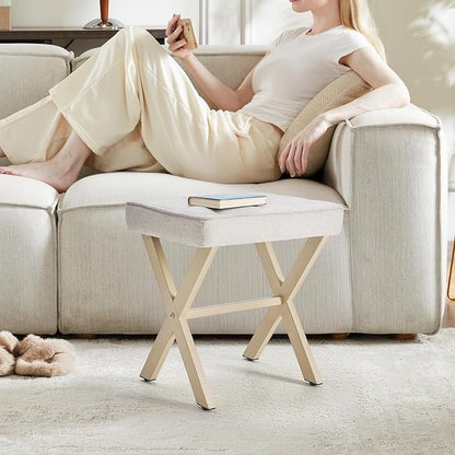 Sweetcrispy Vanity Stool Ottoman, Square Linen Makeup Stool Metal X Legs, Small Footstool Chair for Vanity, Modern Padded Seat Foot Rest for Makeup Room, Bathroom,Living Room, Entryway, Beige