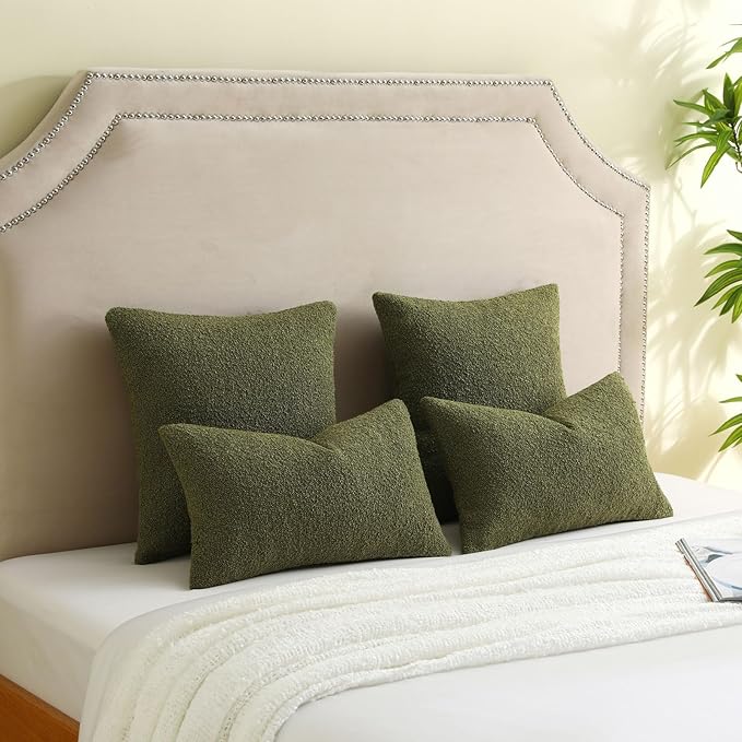 FUTEI Pack of 2 Moss Green Decorative Throw Pillow Covers 16x16 Inch Soft Cozy Solid Boucle Textured Cushion Case,Modern Home Decor for Couch Bed Living Room