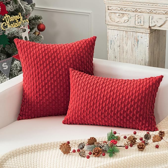Kevin Textile Christmas Throw Pillow Covers Soft Corduroy Decorative Set of 2 Boho Striped Pillow Covers Pillowcases Farmhouse Home Decor for Couch Bed Sofa Living Room 18x18 Inch Red