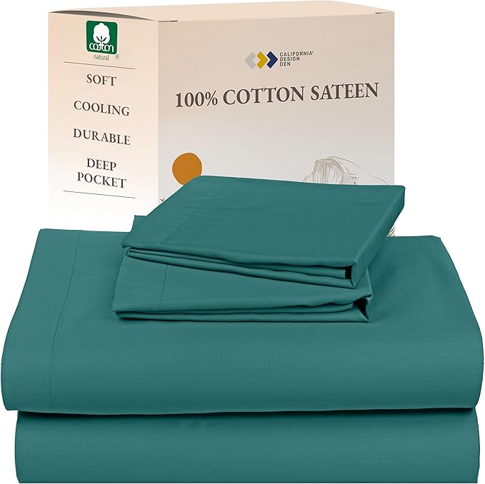 California Design Den Natural 100% Cotton Sheets Queen Size Bed - Soft Sateen Weave, Deep Pockets, Breathable and Durable Bedding Queen Size Teal (Deep Tone)