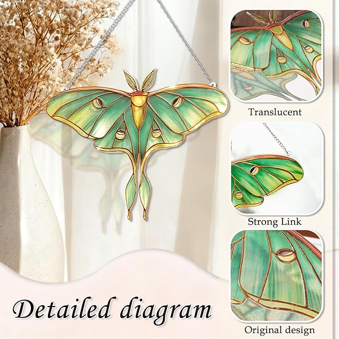Stained Glass Window Hanging, Luna Moth Suncatcher for Window Decor, Gift for Women Mom Grandma and Art Lover, Ideal Gifts, Elegant Home Decor 5.8x7.3 Inch, Garden, Patio