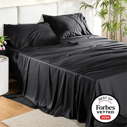 Bedsure California King Sheet Sets, Cooling Sheets for Hot Sleepers, Rayon Derived from Bamboo, Breathable & Soft, Deep Pocket Up to 16 Inches, Hotel Luxury Silky Bedding, Black