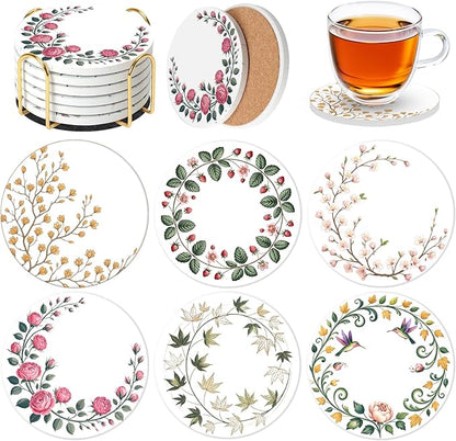 Ceramic Coasters Set of 6 with Holder, Wreath Style, Absorbent Drink Coaster Set for Home Decor, Cups, Mugs and Glasses (Sage Green Floral Wreath)
