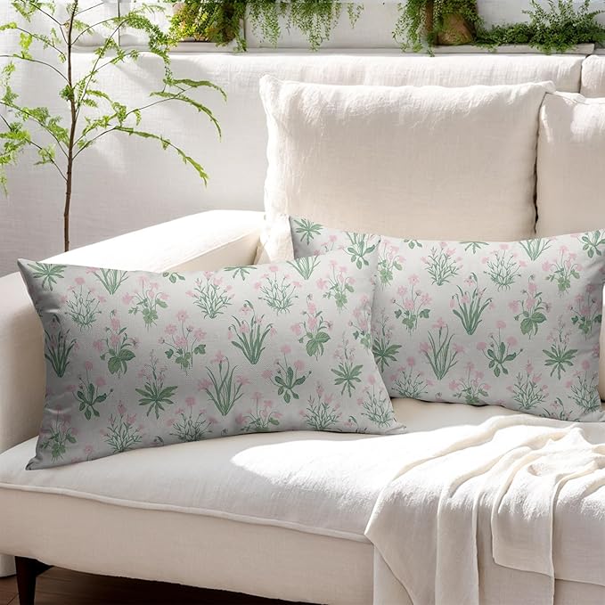 Pink Green Block Print Pillow Covers 12x20 Set of 2 Decorations Vintage Floral Throw Pillow Covers Decor Rustic Pillowcases Flower Pattern Farmhouse Soft Cozy for Sofa Bed Chair Home Decorative