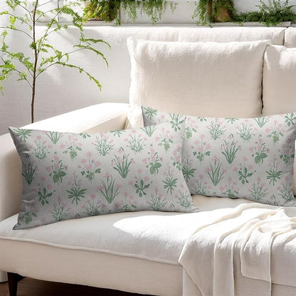 Pink Green Block Print Pillow Covers 12x20 Set of 2 Decorations Vintage Floral Throw Pillow Covers Decor Rustic Pillowcases Flower Pattern Farmhouse Soft Cozy for Sofa Bed Chair Home Decorative
