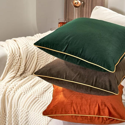 Aeckself Pack of 2 Green Velvet Pillow Covers 20 x 20 Inch, Modern Luxury Decorative Pillowcase with Gold Trim Edge, Comfortable Soft Solid Cushion Case for Couch Bedroom Living Room