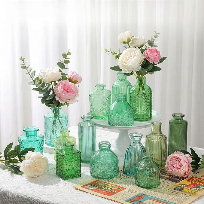 Set of 15 Green Colored Glass Bud Vases - Small Textured Flower Vases for Centerpieces, Wedding Table Decor, Retro Home Decor Bulk Vase Set for DIY, Events & Gifts