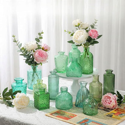 Set of 15 Green Colored Glass Bud Vases - Small Textured Flower Vases for Centerpieces, Wedding Table Decor, Retro Home Decor Bulk Vase Set for DIY, Events & Gifts