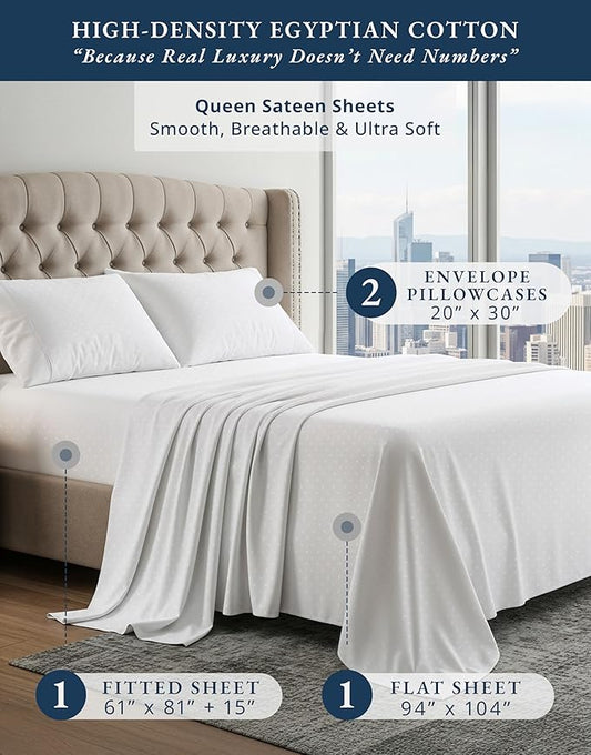 100% Egyptian Cotton Bed Sheets King Size – Silky Sateen Weave for All Season Comfort, Snug Fit 15" Deep Pocket, OEKO-TEX Certified, Fade Resistant, Durable Hotel Comfort at Home -Swiss Dot White