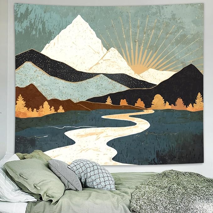 Delur Boho Mountain Tapestry Sunset Nature Forest Tree Landscape Wall Hanging Tapestry Sunrise Abstract Psychedelic Headboard for Bedroom Living Room Home Decor (51.2" x 59.1")