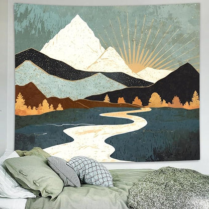 Delur Boho Mountain Tapestry Sunset Nature Forest Tree Landscape Wall Hanging Tapestry Sunrise Abstract Psychedelic Headboard for Bedroom Living Room Home Decor (70.8" x 92.5")