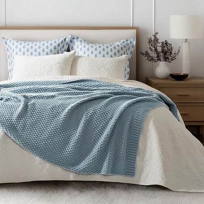 EVERGRACEHOME Chunky Chenille Knit Throw Blanket for Couch, Soft Luxurious Moss Stitch Blankets for Bed, Cozy Decorative Farmhouse Knitted Throws for Sofa, Chambray Blue, 60" x 80"