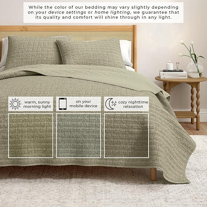 Great Bay Home Full/Queen Size Green 100% Cotton Honeycomb Waffle Quilt and Sham Set - Garment Washed, Waffle Weave Like Texture, Lightweight 3-Piece Bedding Set (Eucalyptus Green)