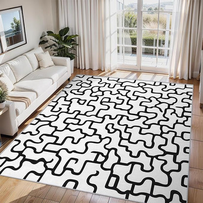 Abstract Geometric Rugs for Home Decor, 8x10 ft, Black and White Labyrinth Area Rugs for Living Room, Soft Non Slip Washable Modern Abstract Line Carpet Bedroom Decorations Dt-Ghf-31