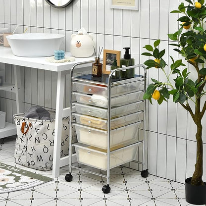 Giantex 6 Storage Drawer Cart Rolling Organizer Cart for Tools Scrapbook Paper Home Office School Multipurpose Mobile Utility Cart (Clear White)