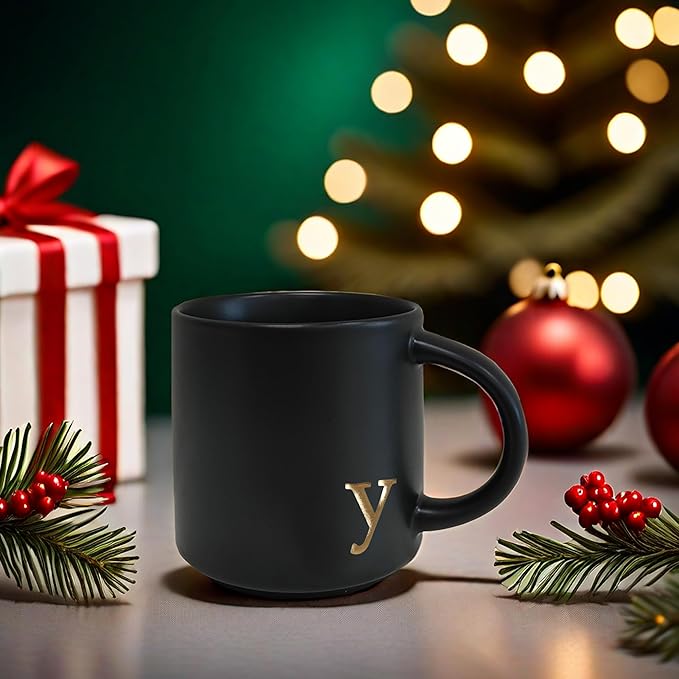 COLLECTIVE HOME - Black Monogram Ceramic Mugs, 15 oz Golden Initial Coffee Cups, Elegant Alphabet Tea Mugs, Personalized Halloween Mug with Gift Box, Perfect for Office and Home Décor (y)