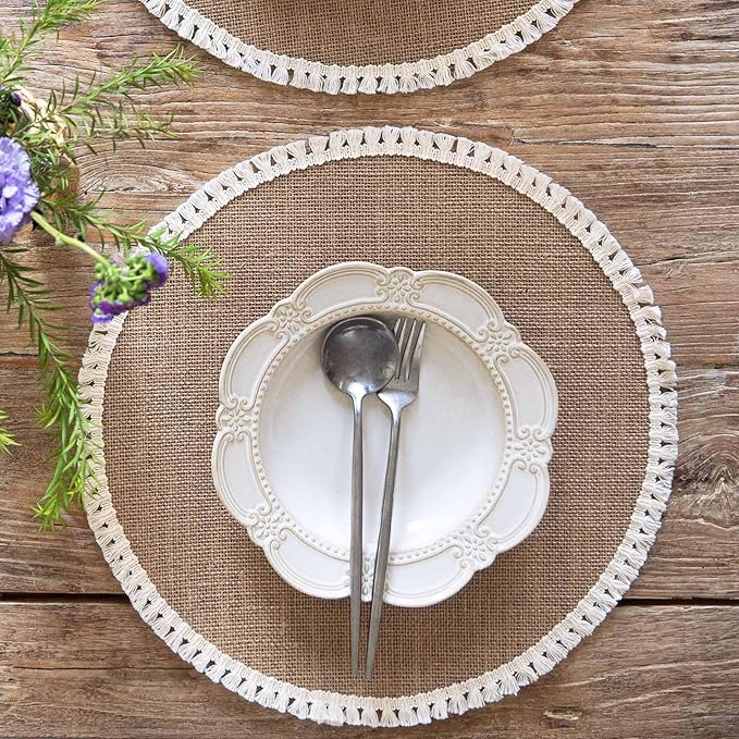 FunWheat 15 Inch Round Jute Placemats Set of 12, Braided Burlap Table Mats for Dining Table, Heat Resistant Farmhouse Woven Placemats for Fall Farmhouse Decor (Short Tassels)
