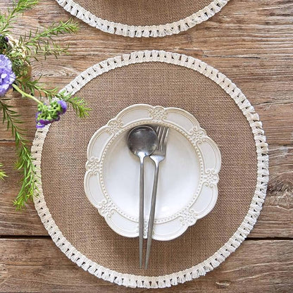 FunWheat 15 Inch Round Jute Placemats Set of 12, Braided Burlap Table Mats for Dining Table, Heat Resistant Farmhouse Woven Placemats for Fall Farmhouse Decor (Short Tassels)