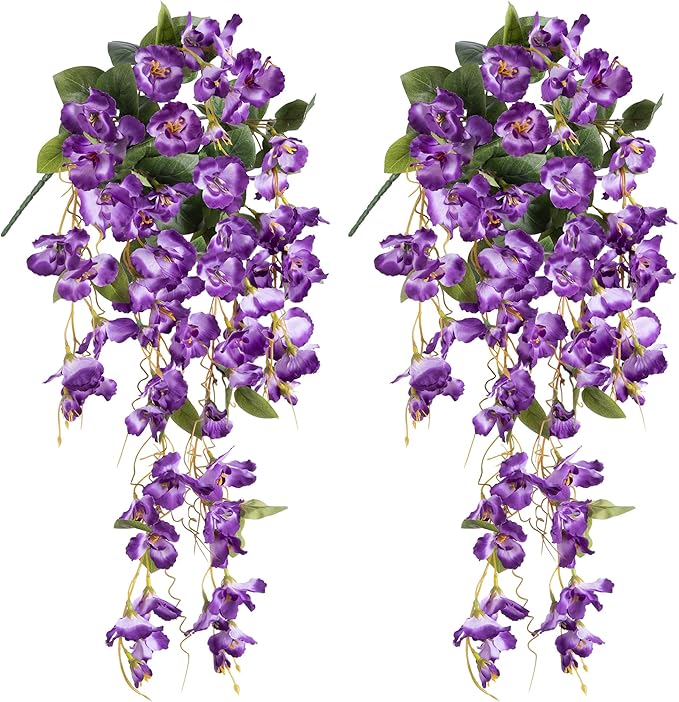 Fake Hibiscus Artificial Hanging Flowers Plants for Outdoors Spring Decoration, 4pcs Silk Hibiscus Vines Realistic UV Resistant Purple Faux Flowers for Outside Planter Porch Patio Yard Wedding Party