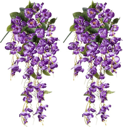 Fake Hibiscus Artificial Hanging Flowers Plants for Outdoors Spring Decoration, 4pcs Silk Hibiscus Vines Realistic UV Resistant Purple Faux Flowers for Outside Planter Porch Patio Yard Wedding Party