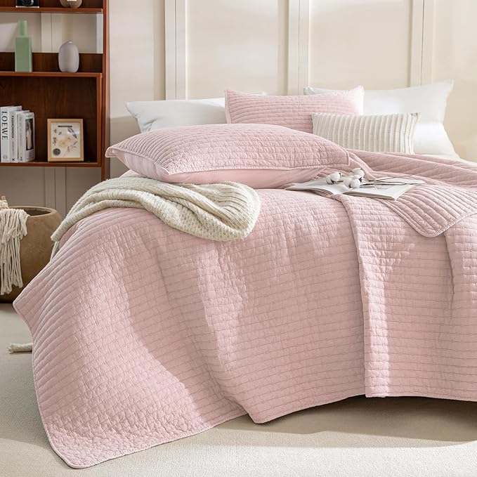 Sanracie Stonewashed Queen Quilt Bedding Set(90"x98"), Cotton Light Pink Crinkle Bedspread Coverlet 3Pcs Ultra Soft Lightweight Breathable Cross Stitch Pattern Bedspread Set for All Season