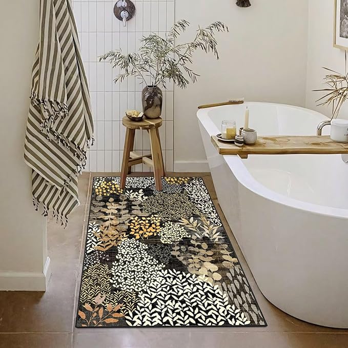 DEXDE 2x3 Area Rug, Small Boho Rugs Entryway Doormat Indoor Machine Washable Non-Slip Abstract Botanical Leaves Floral Floor Carpet for Living Room Bedroom Office Playroom, Black