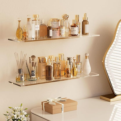 QsQueen Acrylic Floating Shelves with Solid Wood Base, Wall Mounted Shelf for Plants, Perfume, Nail Polish, Bathroom, Bedroom & Living Room Décor