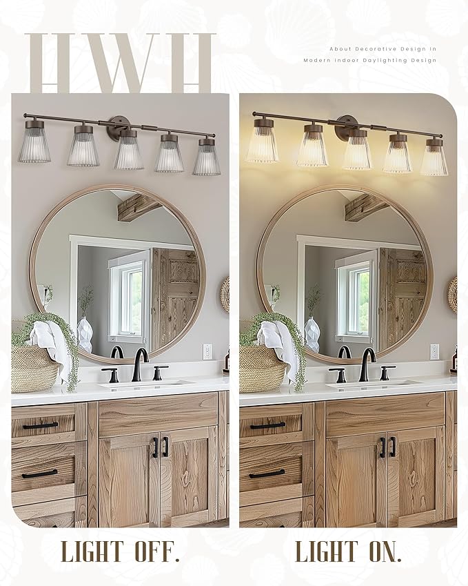5-Light Bathroom Vanity Light, HWH Farmhouse Vanity Lights for Bathroom Vanity Lamp Oil Rubbed Bronze, Vanity Sconce with Clear Striped Glass, 5HZG97B-5W ORB