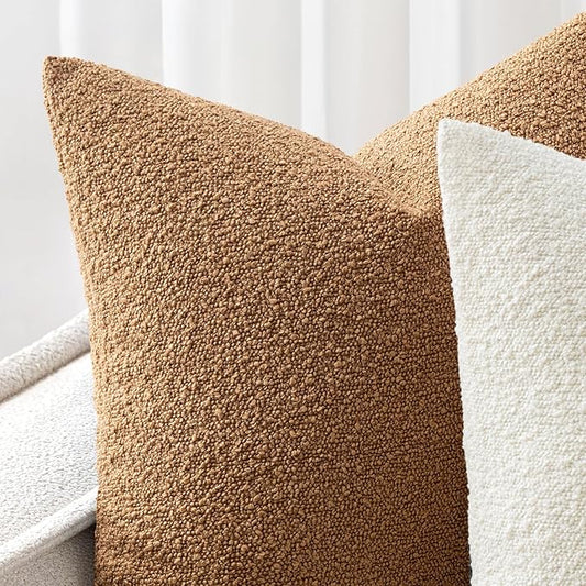 Woaboy Pack of 2 18x18 Inch Decorative Boucle Throw Pillow Covers Textured Square Pillowcaes Accent Solid Cozy Soft Cushion Covers Home Decor for Sofa Couch Living Room Home Decor,Brown