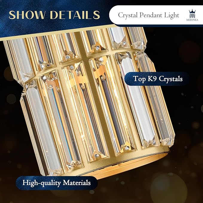 Gold Crystal Pendant Lights 3-Pack, Modern Mini Pendant Light Fixture with Adjustable Cord, Luxury Hanging Light for Kitchen Island, Dining Room, Bedroom, Hallway, Bar