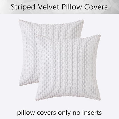 Kevin Textile 2 Packs Throw Pillow Covers for Couch Striped Velvet Cushion Covers for Chair 40x40 cm 16 x 16 Inch Pure White
