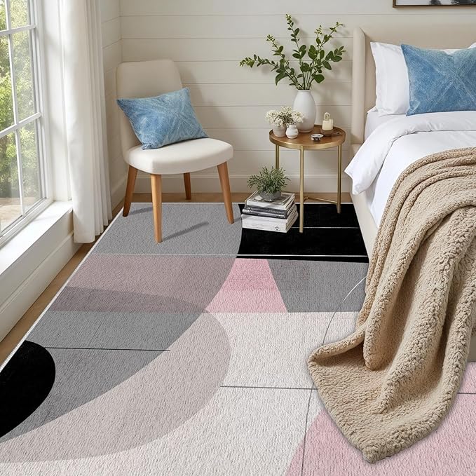 Abstract Art Line Living Room Area Rugs 5x6, Modern Boho Geometric Print Rug, Minimalist Washable Non Slip Neutral Soft Carpet for Bedroom, Dining Room Office Playroom, Black Gray