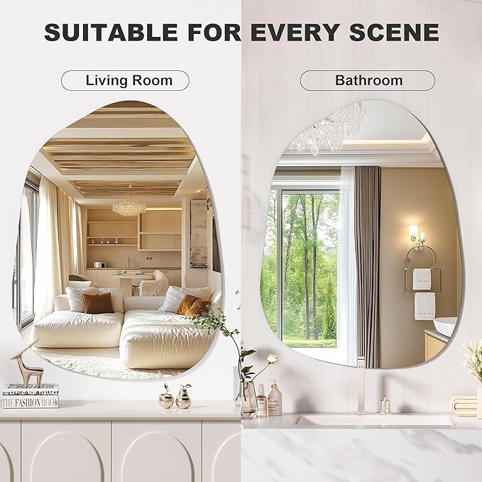 Hasipu Irregular Wall Mirror, 32"x24" Asymmetrical Frameless Mirror, Modern Decorative Mirrors for Living Room, Entryway, Hallway, Bathroom, Bedroom,Wall Mounted Home Decor