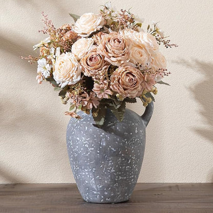 Ceramic Decorative Flower Vase with Handle, 8.85 Inch Black Pottery Rustic Farmhouse Vase for Home Decor, Living Room, Shelf Decor, Wedding, Housewarming Gift