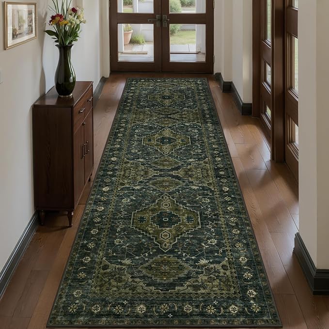 Tangsoo 2.6x8 Washable Runner Rug for Hallways, Non Slip Vintage Runner Rug, Soft Low Pile Long Rug Runner, Print Distressed Green Carpet Runners for Kitchen Bedroom Entryway Bathroom Living Room