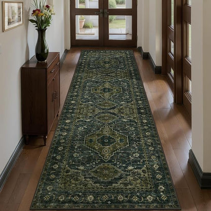 Tangsoo 2.6x8 Washable Runner Rug for Hallways, Non Slip Vintage Runner Rug, Soft Low Pile Long Rug Runner, Print Distressed Green Carpet Runners for Kitchen Bedroom Entryway Bathroom Living Room