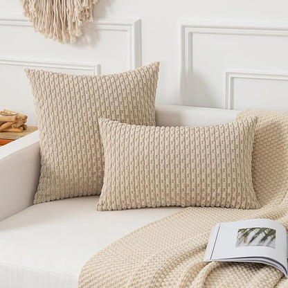 Kevin Textile Throw Pillow Covers Soft Corduroy Decorative Set of 2 Boho Striped Pillow Covers Pillowcases Farmhouse Home Decor for Couch Bed Sofa Living Room 26x26 Inch Beige