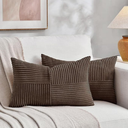 Fancy Homi 2 Packs Dark Brown Lumbar Decorative Throw Pillow Covers 16x26 Inch for Living Room Couch, Rustic Farmhouse Boho Home Decor, Soft Striped Corduroy Rectangle Accent Cushion Case 65x40 cm