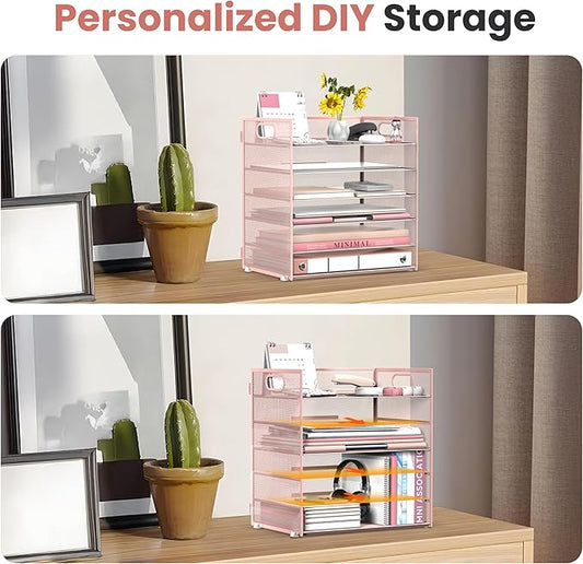 Daltack 6 Tier Paper Organizer for Desk, Paper Letter Tray Organizer for Desks, Mesh Desk File Organizers with Handle for Office, Home, School, Pink