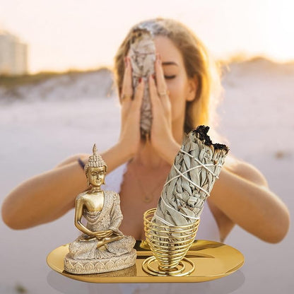 ZenBless 6 in 1 Incense Holder - Palo Santo, Buddha Statue, Sage & Incense Burner Holder for Sticks/Coil/Cones, Gold Oval Ash Catcher
