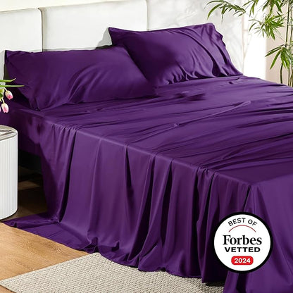 Bedsure King Size Sheets Set, Cooling Sheets for Hot Sleepers, Rayon Derived from Bamboo, Breathable & Soft, Deep Pocket Up to 16 Inches, Hotel Luxury Silky Bedding, Plum