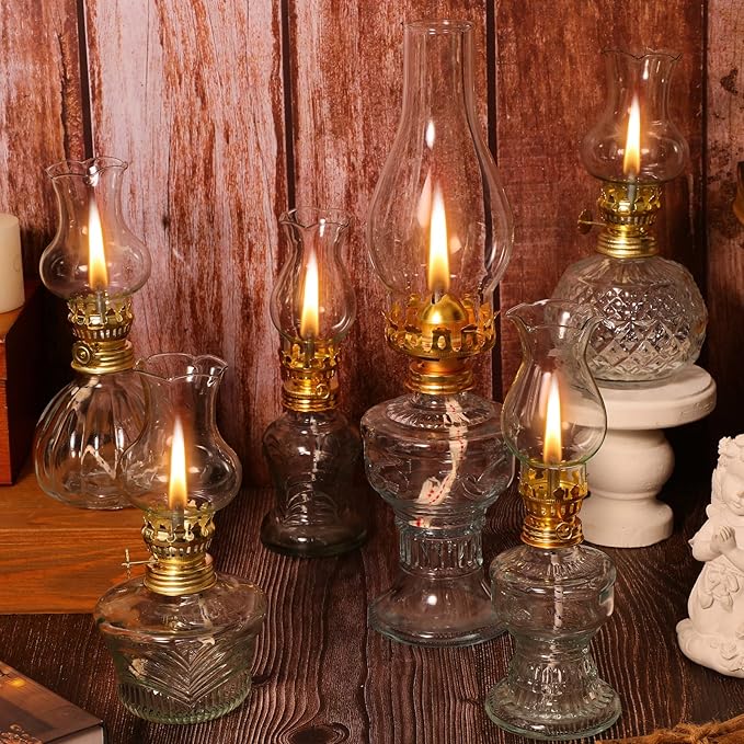6 Pcs Oil Lamp Vintage Glass Kerosene Lamp for Indoor Use Rustic Decorative Glass Hurricane Lantern with Wick for Home Tabletop Decor Emergency Lighting, 6 Style(Gold)