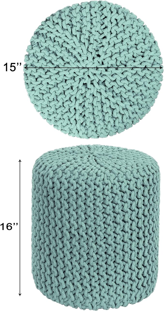 COTTON CRAFT Braided Round Pouf - Hand Knitted Cotton Cord Cable Dori Cylindrical Ottoman - Foot Stool - Floor Pouf - Footrest - Accent Seat - Living Room Bedroom Dorm Décor - 15 Round x 16 H - Blue