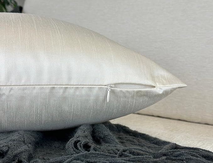 Aiking Home 18x18 Inches Faux Silk Square Throw Pillow Cover, Zipper Closure, Ivory (Set of 2)