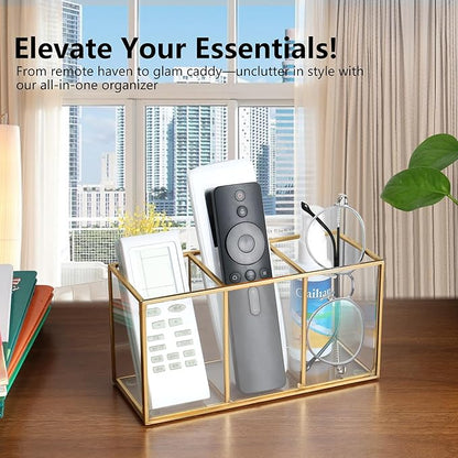 Pencil Holder for Desk,Tempered Glass Pen Holder,3&4 Compartments,Desktop Storage Organizer for Office Supplies,School Supplies,Pens,Markers,Pencils,Scissors,Paperclips (Gold, 3 compartments)