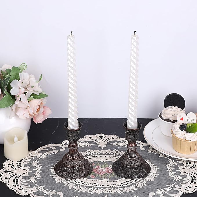 OwnMy Set of 2 Elegant Taper Candle Holders Vintage Metal Taper Candlestick Holders, 4 Inch Tall Taper Candle Stands Decorative Taper Candelabra Set for Dining Table Centerpieces Wedding, Red Bronze