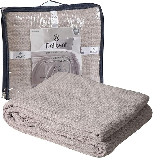 DOLLCENT 100% Soft Premium Combed Cotton Thermal Blanket– Queen Blanket– Soft Cozy Warm Cotton Blanket– Bed Throw Blanket– Queen Bed Blankets– All Season Cotton Blankets– Sand Queen Cotton Blankets